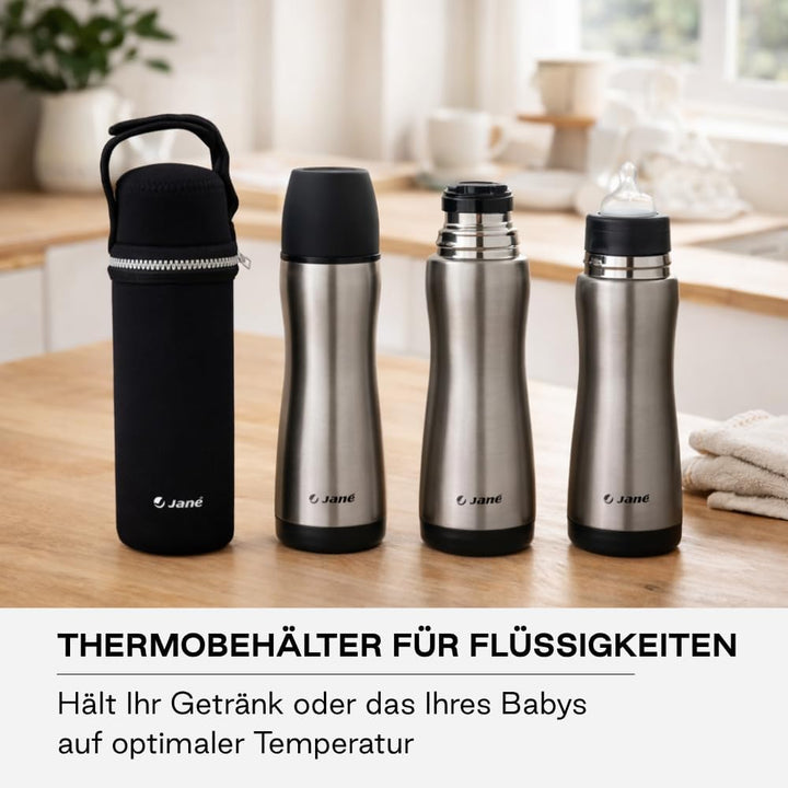 Jané Isolierflasche für Flüssigkeiten mit Silikon-Trinktülle, Füllmenge 300 ml, inklusive Neoprentas