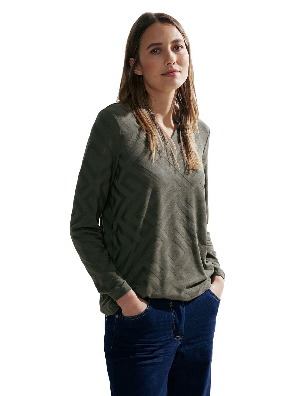 Cecil Damen Jacquard Langarmshirt S Dynamic Khaki, S Dynamic Khaki