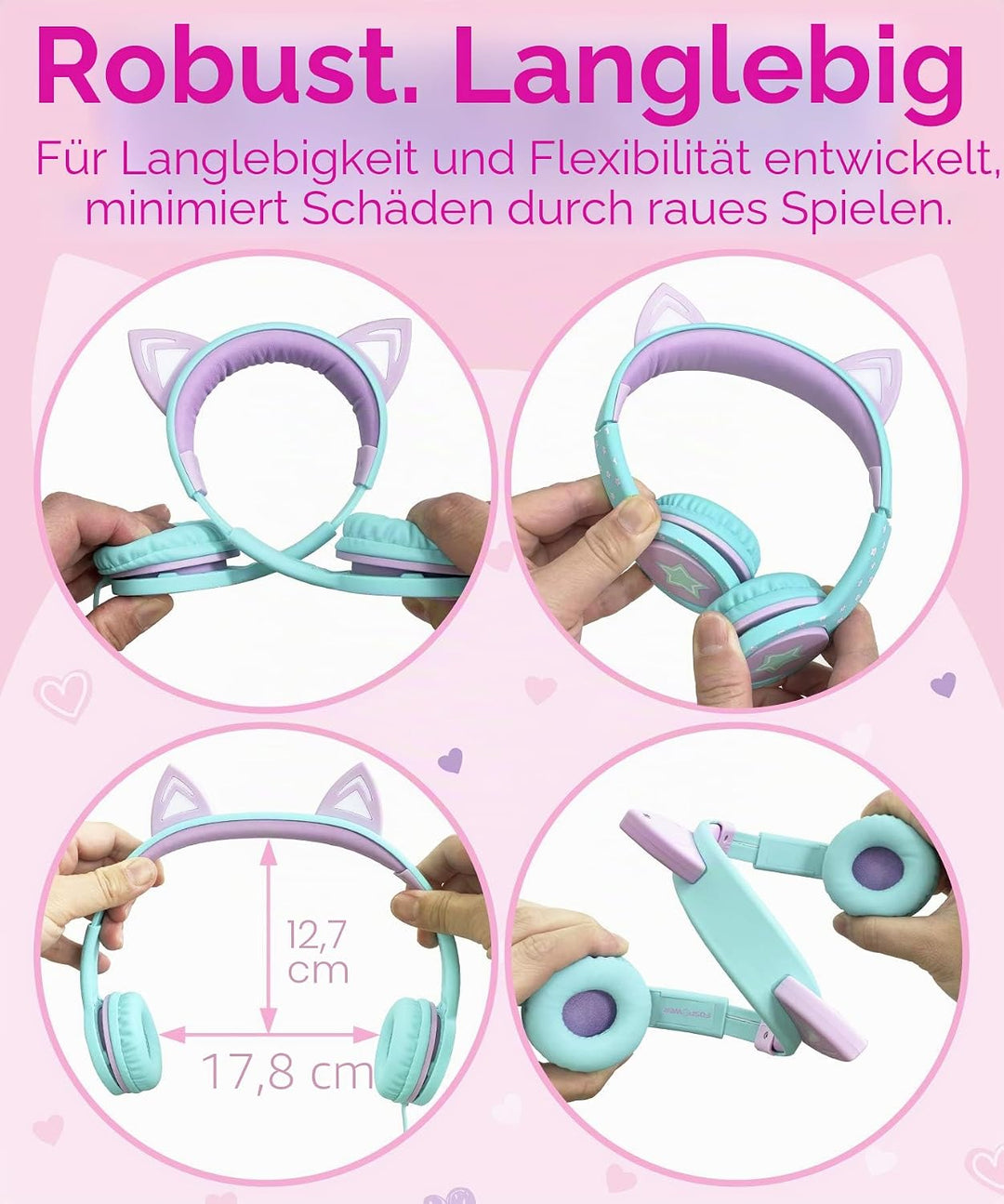 FosPower - Kopfhörer Kinder mit LED leuchten Katzenohren | 3,5mm On Ear Audio Kopfhörer für Kinder m