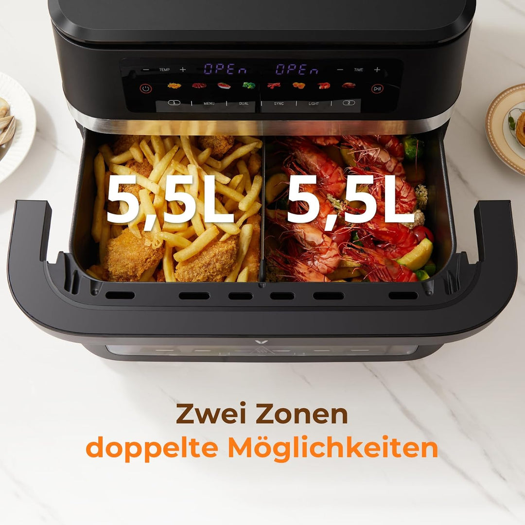 VIOMI VORTEX Pro Heissluftfritteuse, Doppelzonen, 11 L Air Fryer, 2 Kammern, 2800 W, mit Sichtfenste