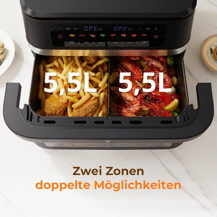 VIOMI VORTEX Pro Heissluftfritteuse, Doppelzonen, 11 L Air Fryer, 2 Kammern, 2800 W, mit Sichtfenste