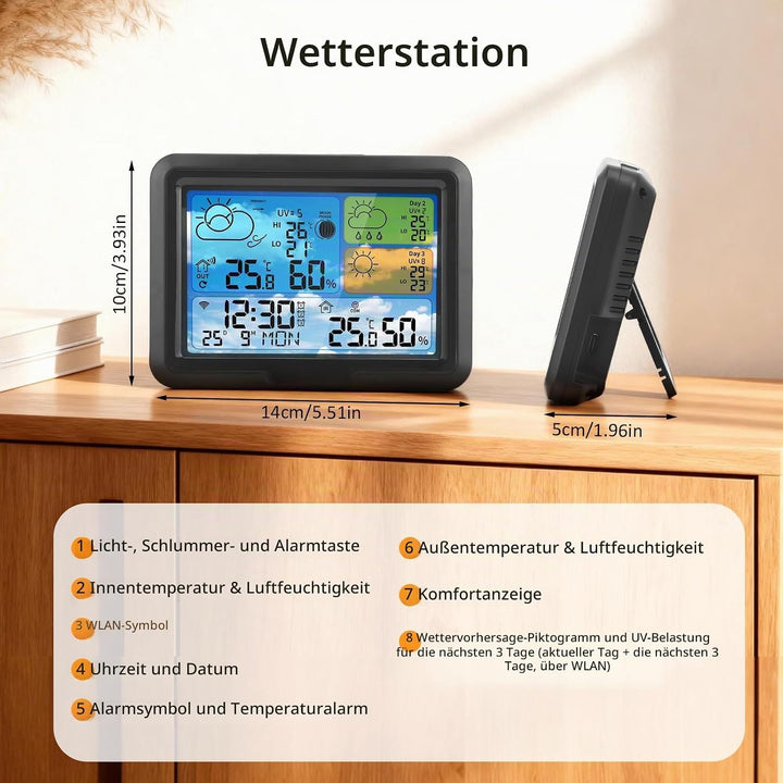 Wetterstation Wlan,Mit 3 Aussensensor &amp; Wettervorhersage,Mit App Tuya Und Smartlife,Digital Farbdisp