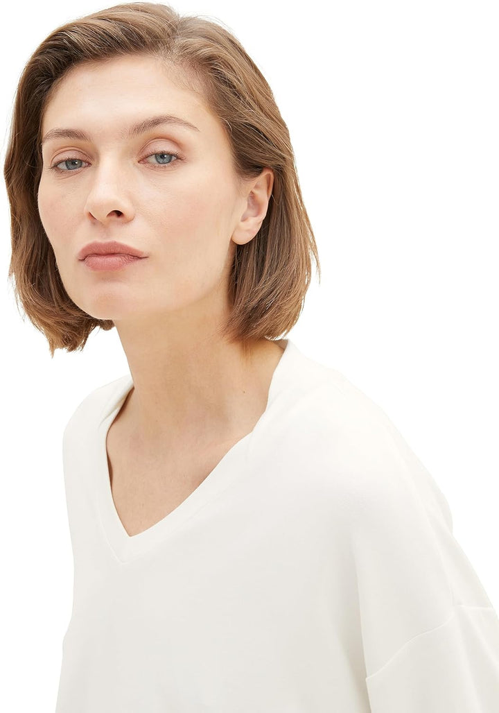 TOM TAILOR Damen Basic T-Shirt mit 3/4-Arm & V-Ausschnitt XL 10315-whisper White, XL 10315-whisper W