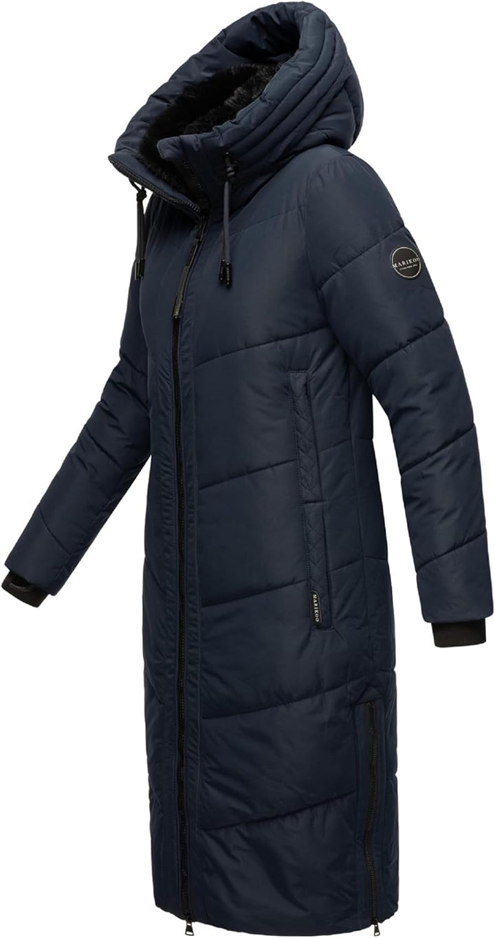 MARIKOO Damen Wintermantel warmer Steppmantel lang mit Kapuze und abnehmbarem Kunstfellkragen Nadare