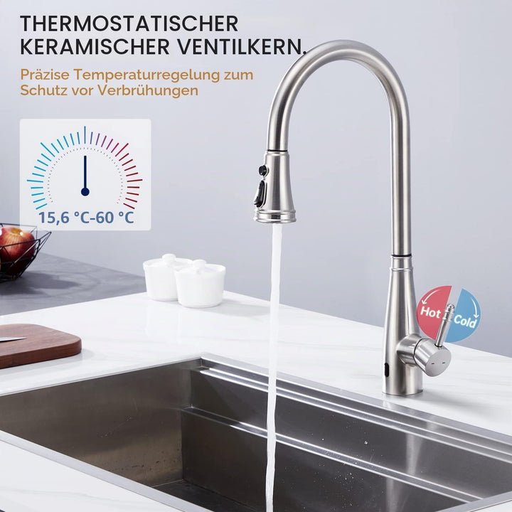 Touchless Sensor Wasserhahn Küche, YUANNY Küchenarmatur mit Ausziehbar Brause, 360° Drehbar Edelstah
