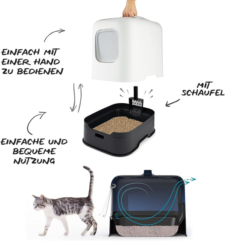 Rotho MyPet Biala Katzenklo mit Haube und Schaufel, aus recyceltem Kunststoff, blau/anthrazit, 51 x