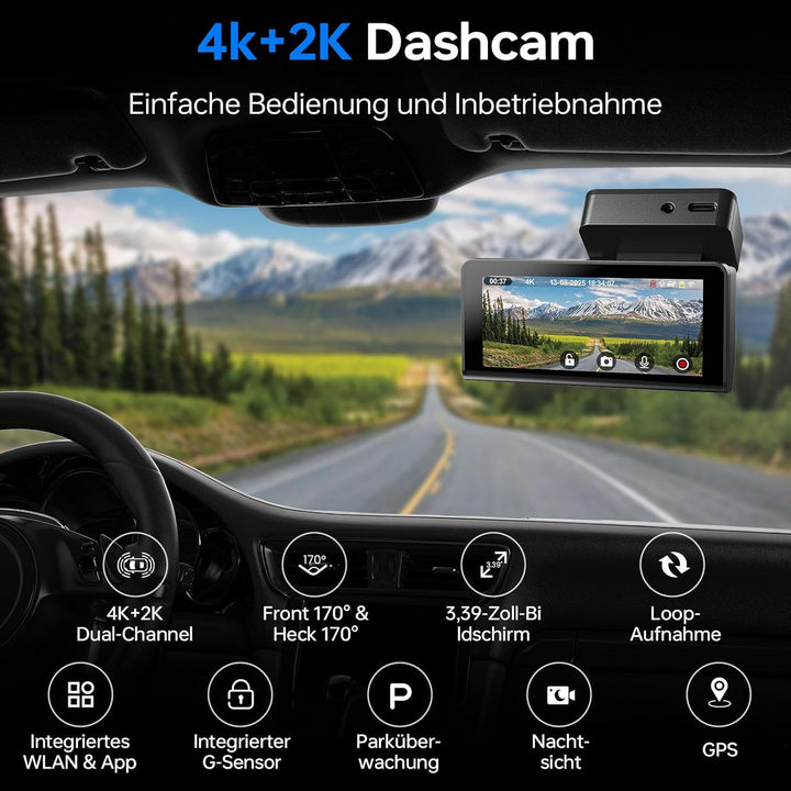 Dashcam Auto Front und Heck 4K+2K, 3,39" IPS Display mit 32GB Karte, WDR,Wi-Fi GPS, Nachtsicht, Park