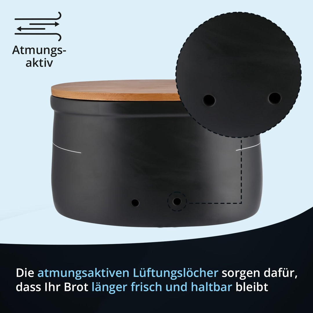 KHG Brotkasten Butterdose Set 2-teilig, Keramik Steingut poliert, Anthrazit Grau, Holz Deckel Bambus