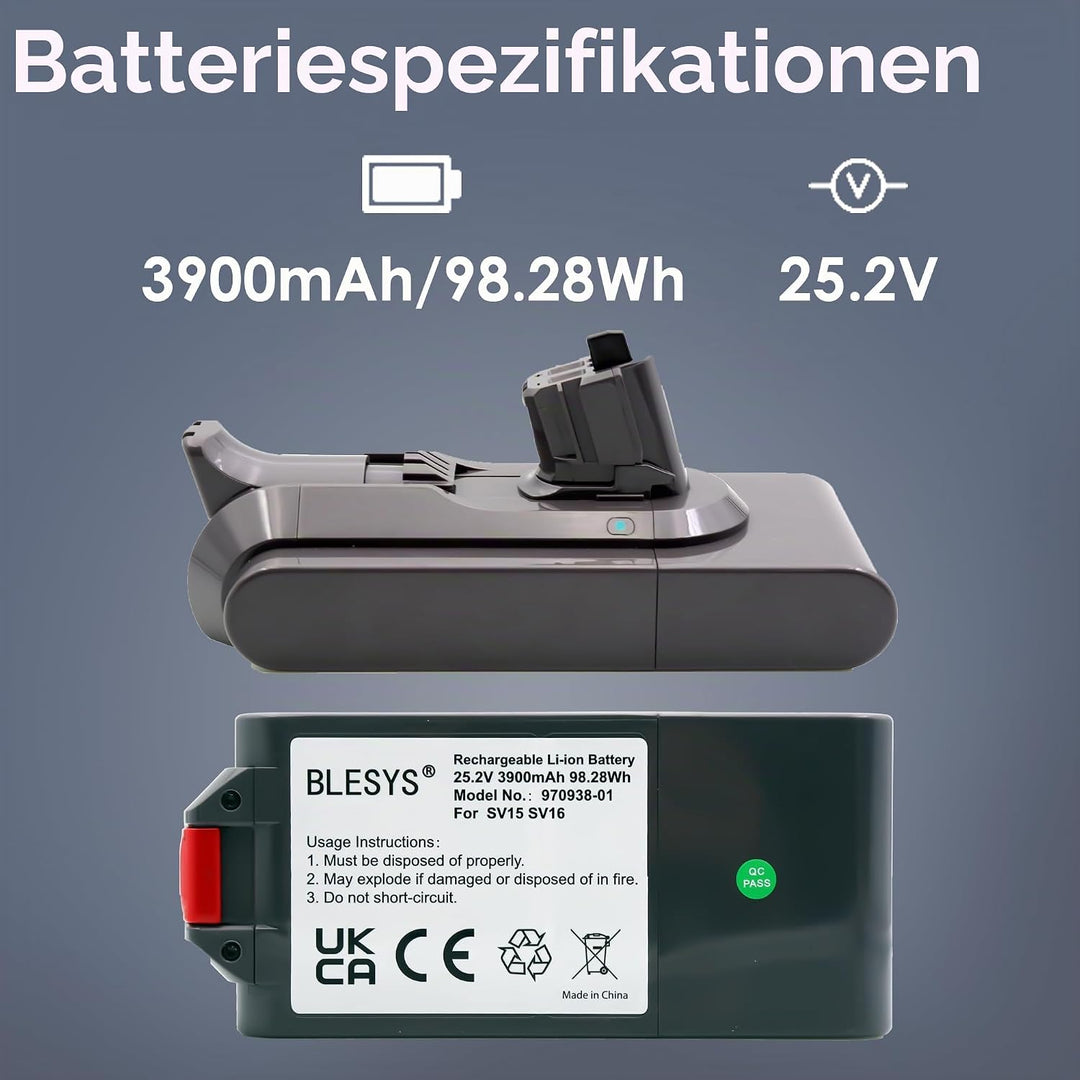 BLESYS V11 Ersatzakku 3900mAh für Dyson V11 (SV15/SV16) Staubsauger, Typ-Klicksystem Push-in-Install