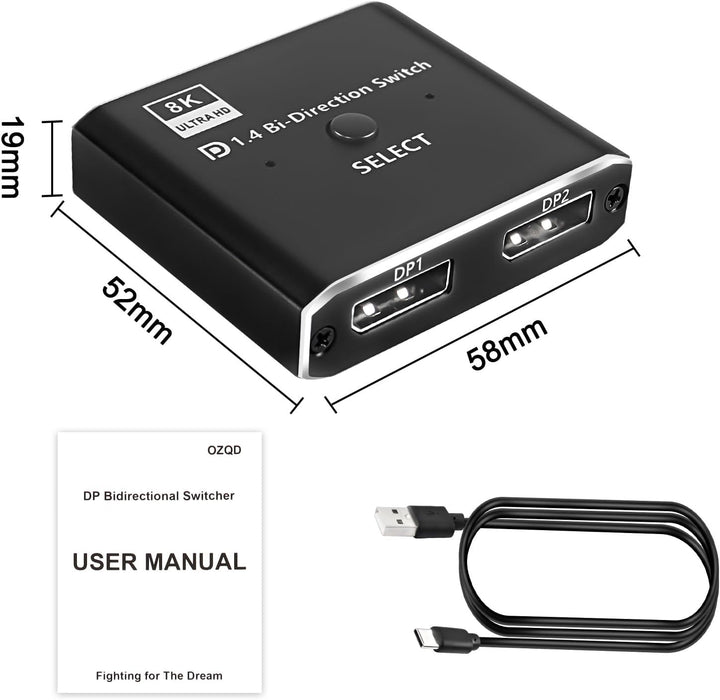 XMSJSIY DisplayPort Switch 8K Bidirektionaler DP 1.4 Switcher 1.4 in 2-Ausgang Ausgang 2 in 1-Ausgan