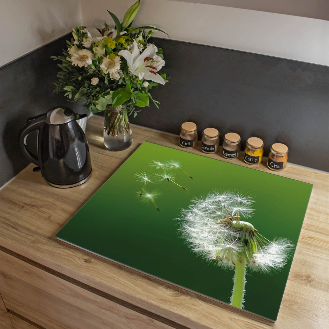 banjado® Herdabdeckplatte Glas 1-teilig 60x52 cm/Schneidebrett Herdabdeckung mit Motiv Pusteblume/He