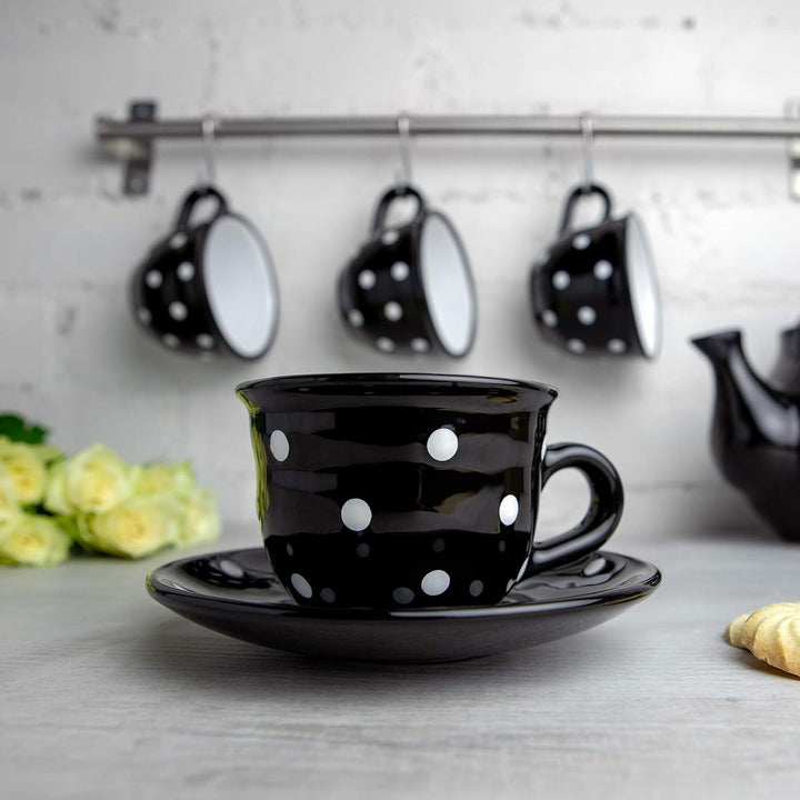 City to Cottage® - Kaffeebecher Teetasse 250 ml | Schwarz und Weiss | Polka Dots | Handgemacht | Ker