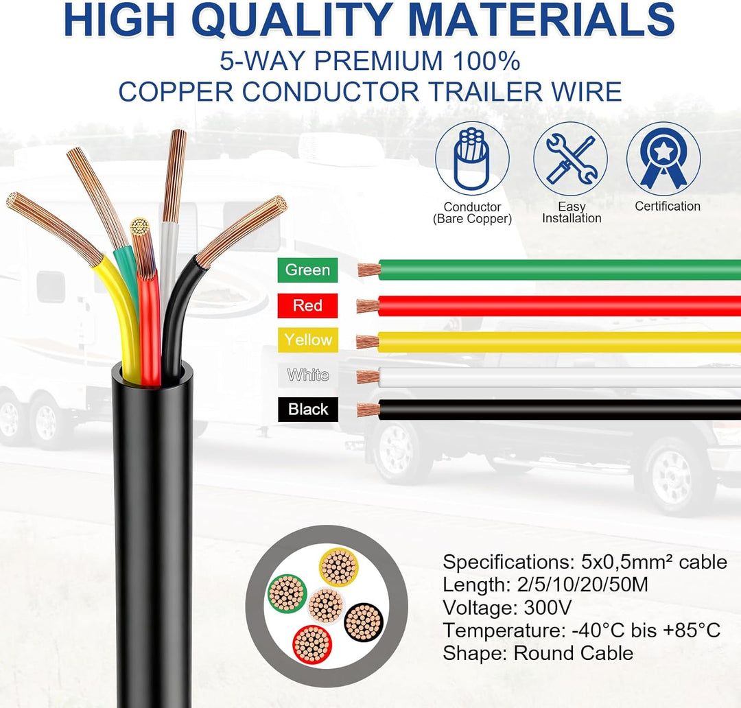 5 Adriges Rund Kabel 12V/24V, 20M 5 Adriges Anhängerkabel LED-Rücklichter Verkabelung Kabel mit Kabe