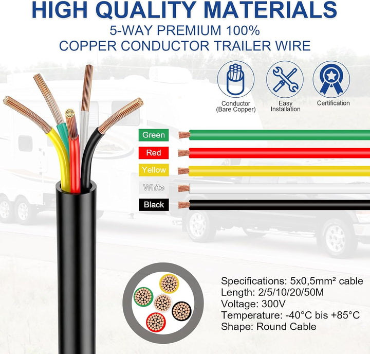 5 Adriges Rund Kabel 12V/24V, 20M 5 Adriges Anhängerkabel LED-Rücklichter Verkabelung Kabel mit Kabe
