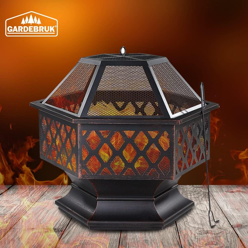 Gardebruk® Feuerschale mit Funkenschutz Sechseckig Stahl Modern Rost-Optik Garten Terrasse Feuerstel