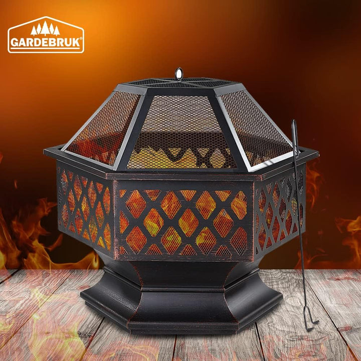 Gardebruk® Feuerschale mit Funkenschutz Sechseckig Stahl Modern Rost-Optik Garten Terrasse Feuerstel