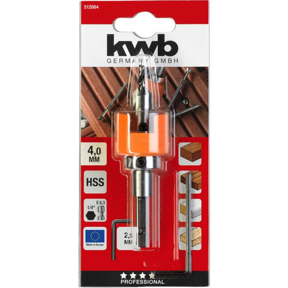 kwb Hartholzbohrer Ø 4 mm aus HSS-M2 mit Senker und verstellbarem Tiefenstopp - Präzises Bohren in H