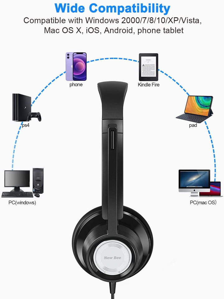 New bee Headset mit Mikrofon, PC Headset, Verstellbares Mikrofon mit Rauschunterdrückung, Headset US