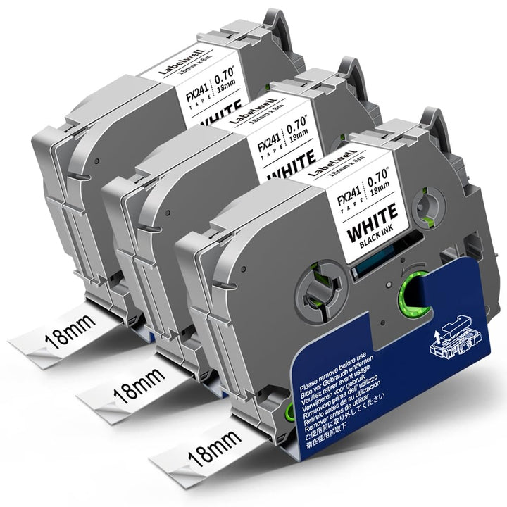 3x Labelwell kompatibel 18mm für Brother TZe-FX241 Flexibel Schriftband Schwarz auf Weiss Laminiert