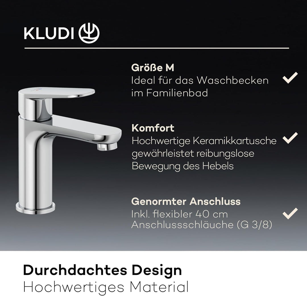 KLUDI-X1 Waschtischarmatur, Auslaufhöhe 95 mm, wassersparender Wasserhahn Bad Grösse M, Keramikkartu