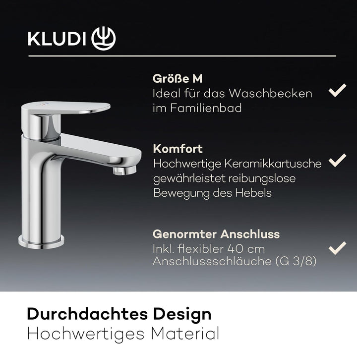 KLUDI-X1 Waschtischarmatur, Auslaufhöhe 95 mm, wassersparender Wasserhahn Bad Grösse M, Keramikkartu