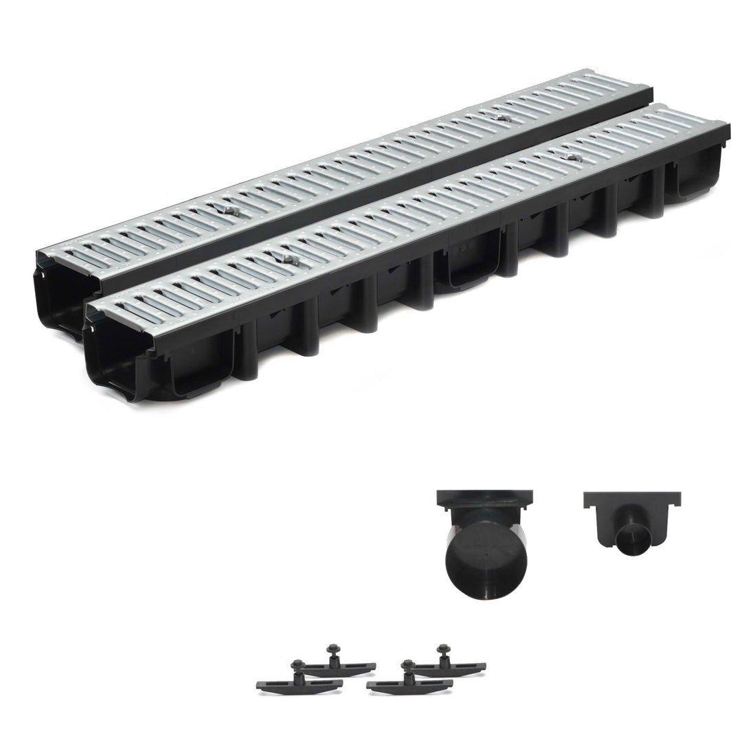 2m Entwässerungsrinne Terrassenrinne Stahlrost verzinkt komplett SET, System A15 98mm