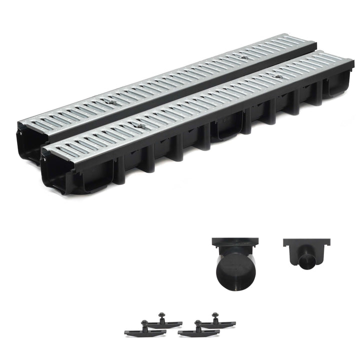 2m Entwässerungsrinne Terrassenrinne Stahlrost verzinkt komplett SET, System A15 98mm