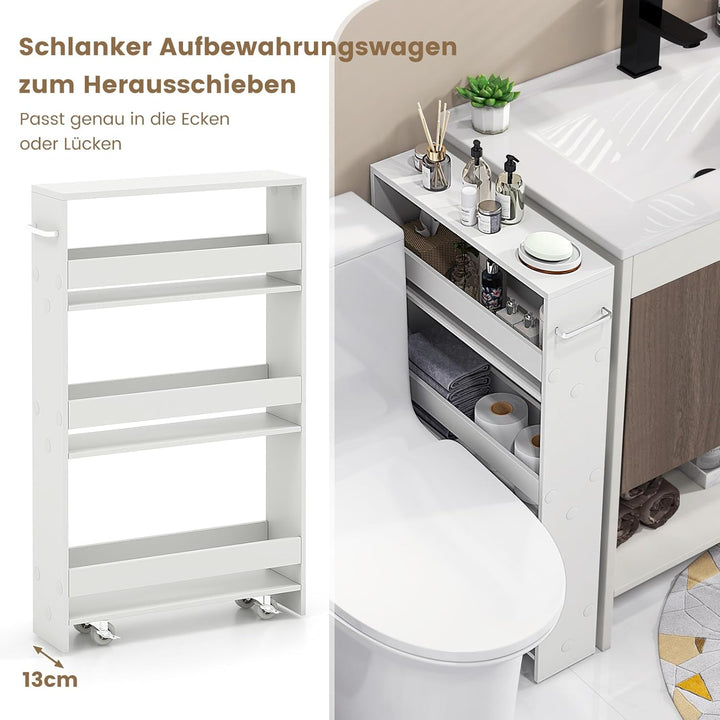 COSTWAY Nischenwagen 13cm breit, 4 Etagen Küchenwagen schmal, Nischenregal auf Rollen, Servierwagen