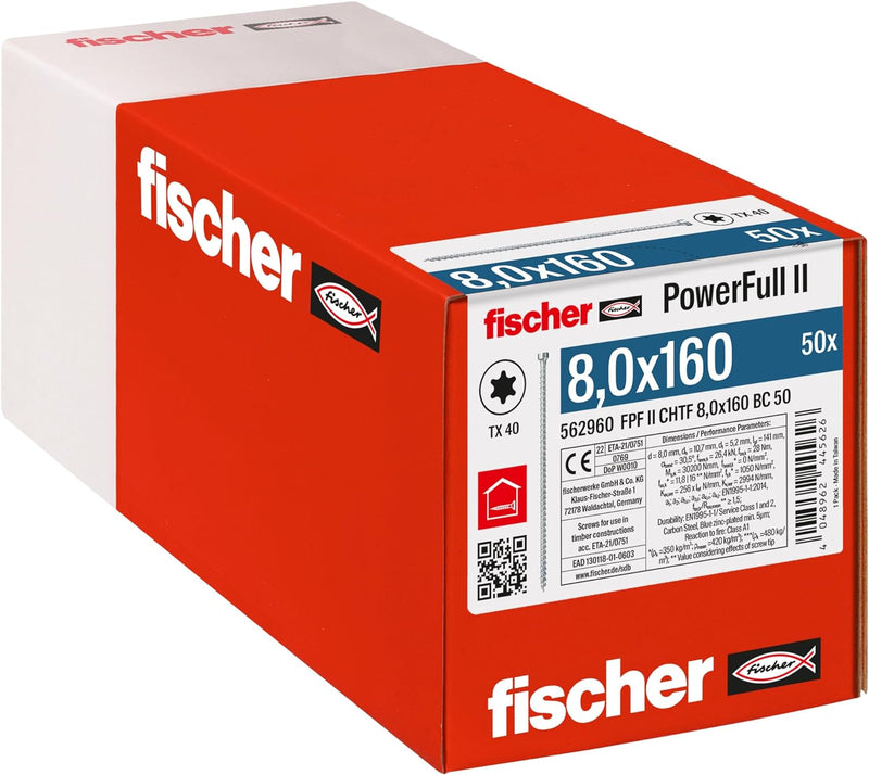 fischer PowerFull II 8,0 x 160, Premium Vollgewindeschraube (50 Stk.) mit innovativer Spitzengeometr