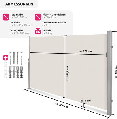 tectake blickdichte Aluminium Seitenmarkise, Wind- und Sichtschutz für Balkon, Garten und Terrasse,