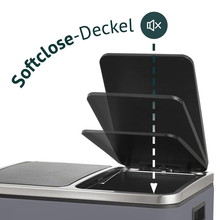 SVITA TM2X15 Treteimer 30 Liter Grau Abfalleimer Mülleimer Design Mülltrennung Papierkorb Küchen-Ord