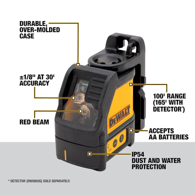 DEWALT Kreuzlinien-Laser (selbstnivellierend, horizontale und vertikale Laserlinien, Laserfarbe Rot,