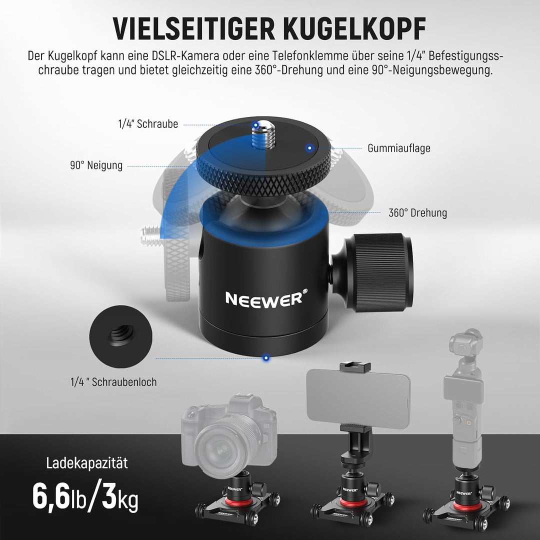 NEEWER Kamera Slider Dolly mit Kugelkopf und Telefonklemme, 4 rädriger Tisch Dolly mit 360° Panorama