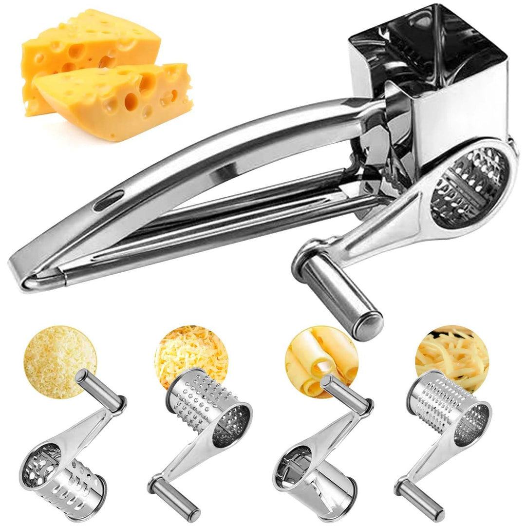 Gourmet Parmesanreibe Kurbel, Käsereibe mit Kurbel und 4 Schneidtrommeln, Edelstahl Parmesanreibe mi