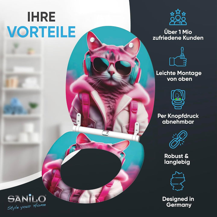 Sanilo WC Sitz mit Absenkautomatik &amp; Schnellverschluss, Toilettendeckel per Knopfdruck abnehmbar, ei