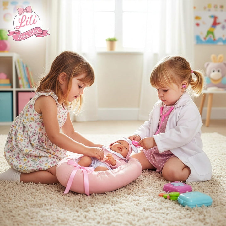 Kinderplay Puppentragetasche 43 cm – weiche Tragetasche für Puppe, wendbar rosa/weiss, Kuschelnest/R