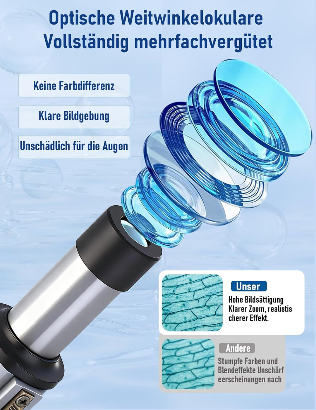 Monokulares Mikroskop, 40- bis 2000-fache Vergrösserung, mit Smartphone-Adapter, inklusive Objektträ