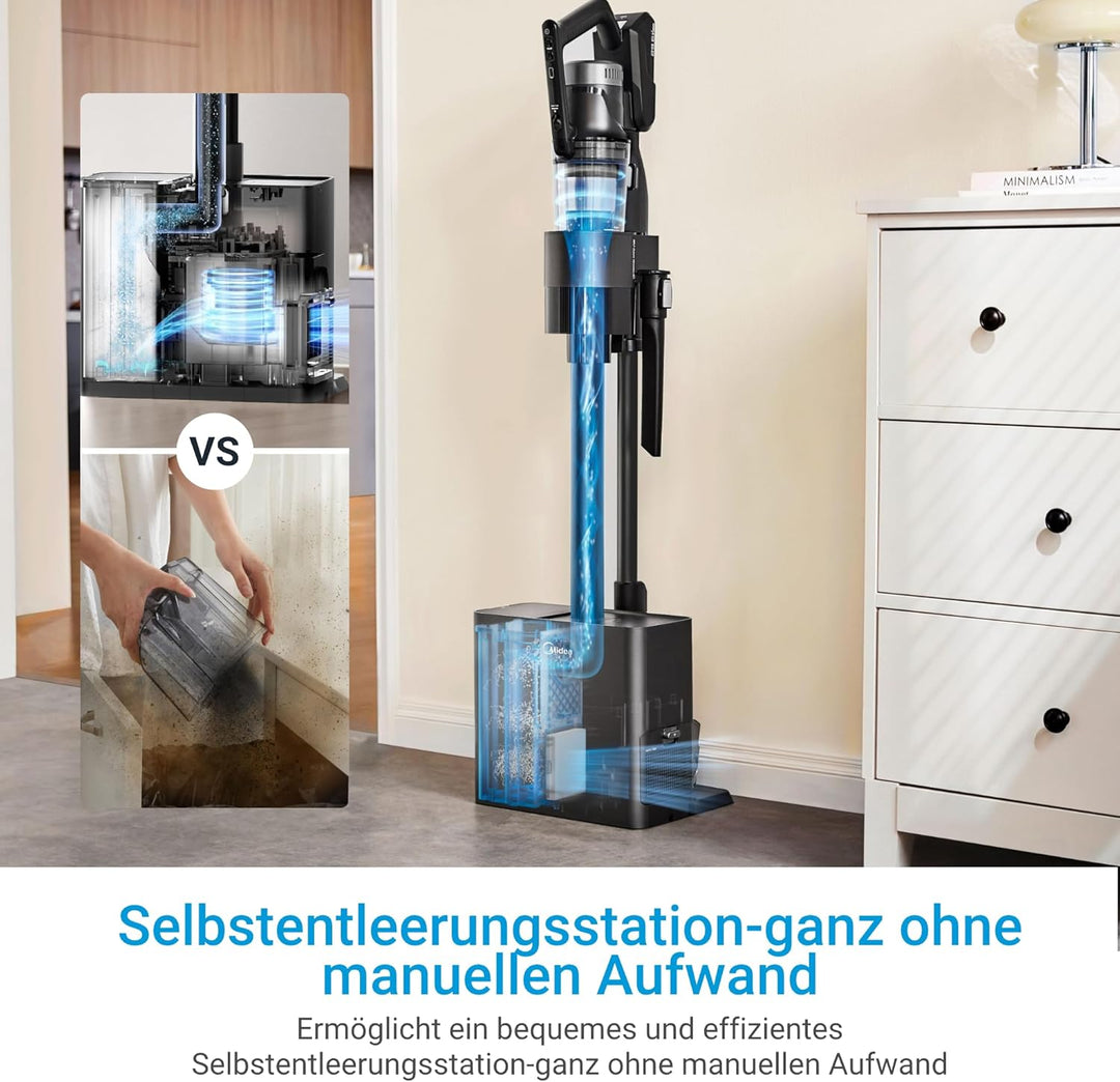 Midea Akku-Staubsauger mit Absaugstation | 350W, bis zu 60 Min Laufzeit | Selbstentleerung, Anti-Tan