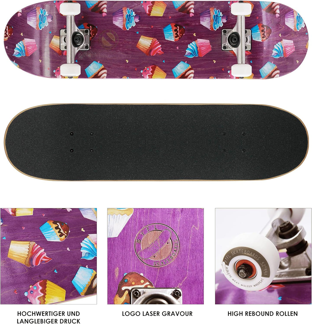 BTFL Komplettboard, Skateboard Deck 8.125" mit ABEC 9 Kugellager für Anfänger und Fortgeschrittene,