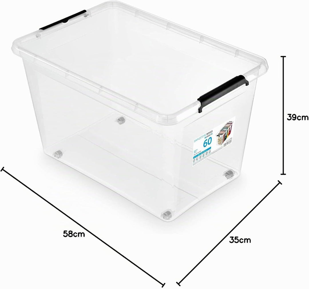 ORPLAST 6 Stück- MOXOM Rollerbox 60 Liter mit Deckel/Clips/Rädern - 58 x 39 x 35 cm - transparent