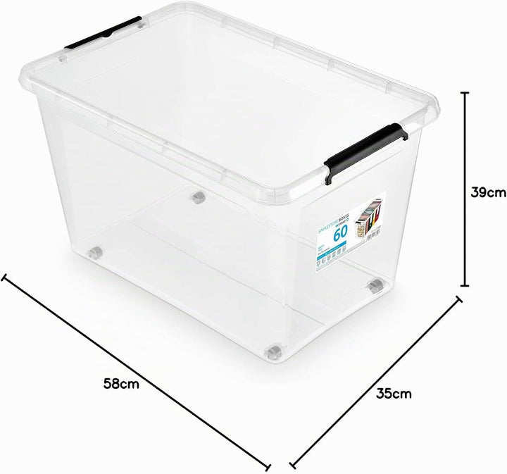 ORPLAST 6 Stück- MOXOM Rollerbox 60 Liter mit Deckel/Clips/Rädern - 58 x 39 x 35 cm - transparent