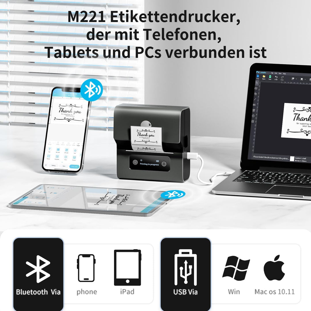 Phomemo M221 Etikettendrucker, 3 Zoll Bluetooth Beschriftungsgerät Selbstklebend Upgrade Label Print