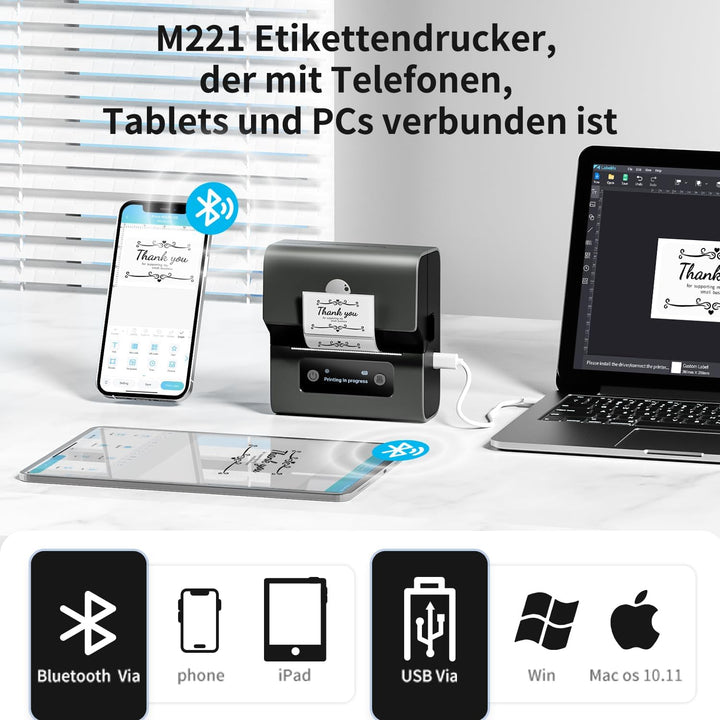 Phomemo M221 Etikettendrucker, 3 Zoll Bluetooth Beschriftungsgerät Selbstklebend Upgrade Label Print