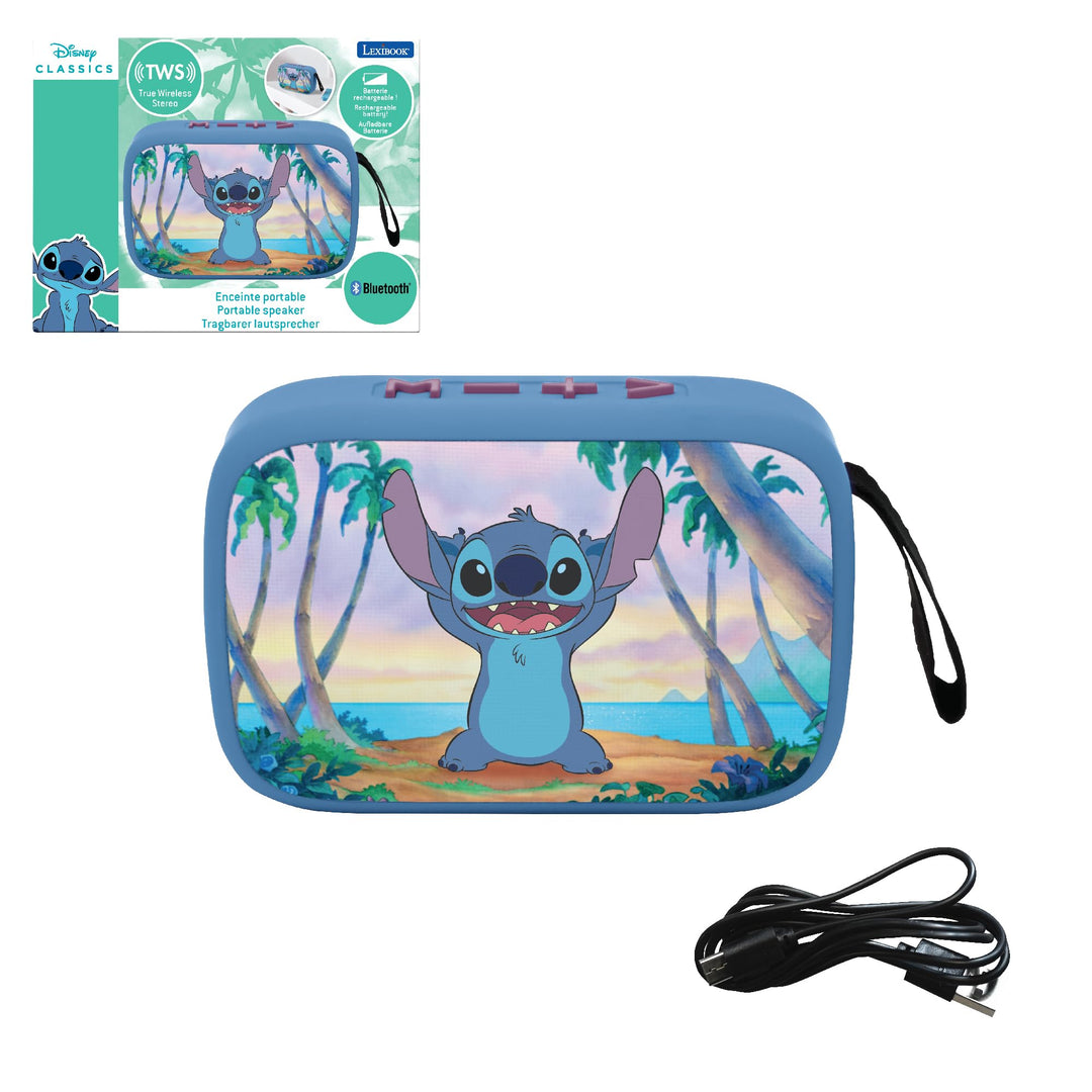 Lexibook, Disney Stitch, Tragbarer Bluetooth-Lautsprecher, kabellos, USB-C, SD/TF-Karte, wiederaufla
