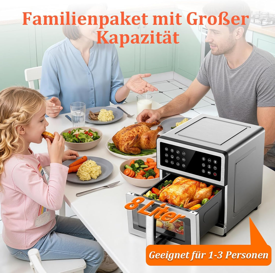 Heissluftfritteuse 8L XXL | Airfryer Ober/Unterhitze Heizelemente, Air Fryer Luftfritteuse Sichtfens