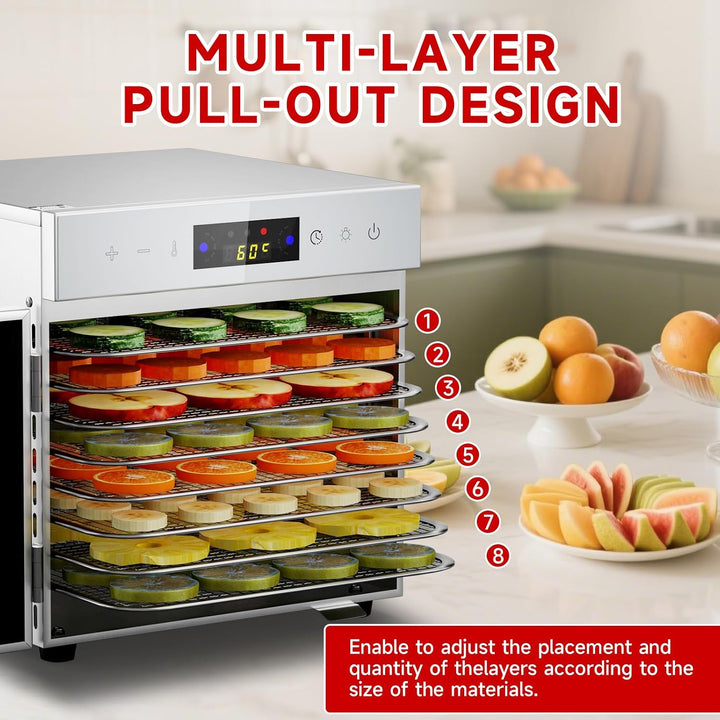 VELPAX Dörrautomat Edelstahl mit 8 Edelstahlgitter, 650W Obsttrockner Dörrapparat mit 24 Std. Zeitsc