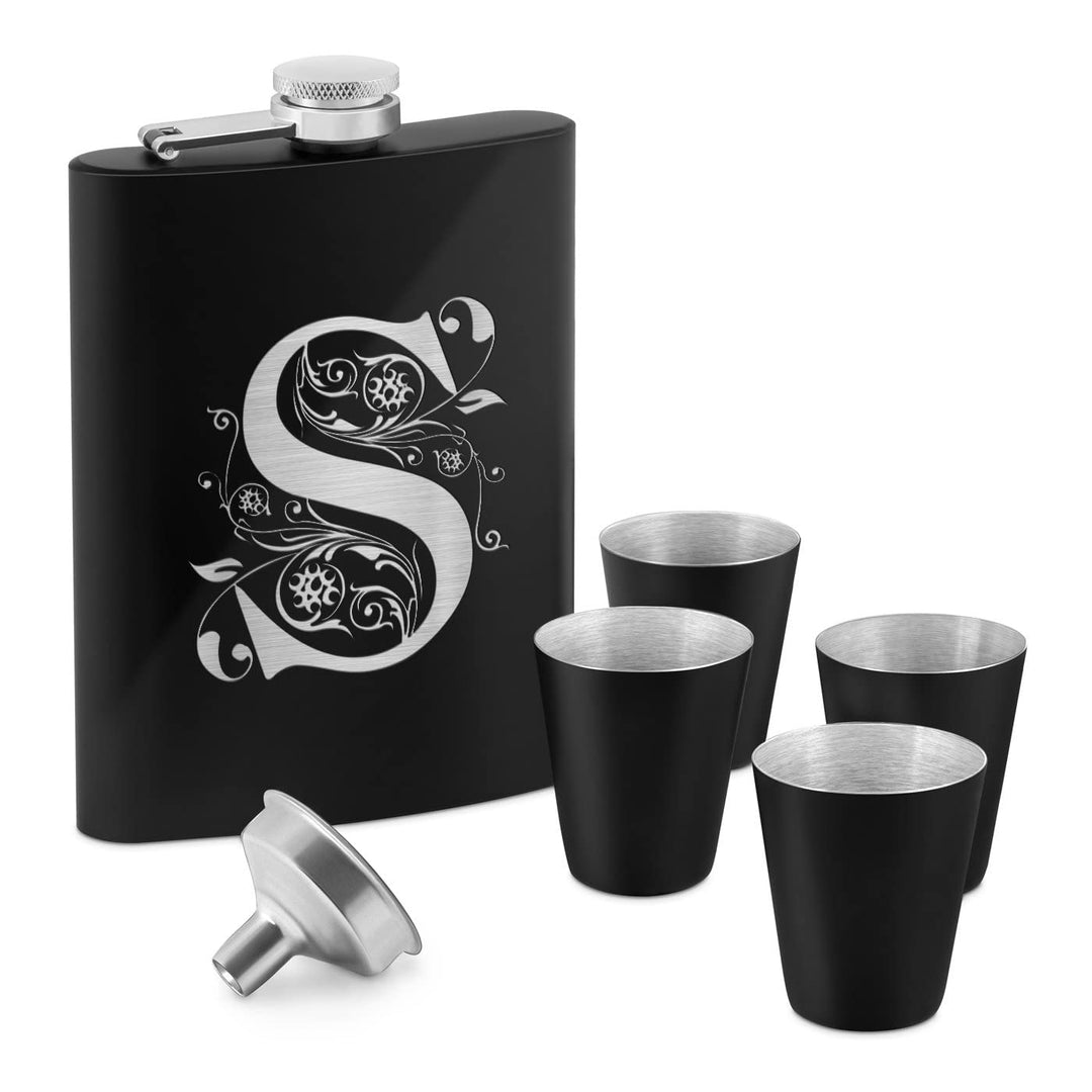 Maverton Flachmann Set 200 ml mit Gravur - Taschenflasche + 4 Schnapsgläsern 20 ml mit Trichter - Br