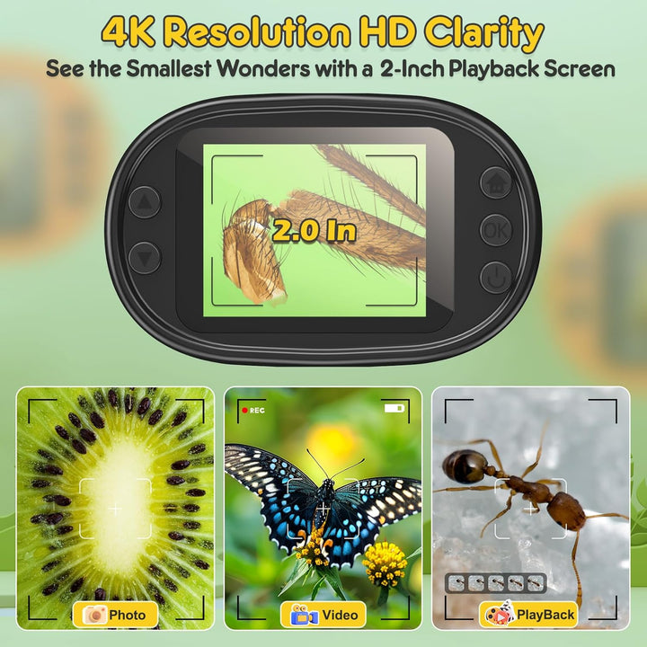 1000X Digitales Handmikroskop mit 2,0" 4K Bildschirm – Wiederaufladbares Komplett-Set inkl. 32GB Spe