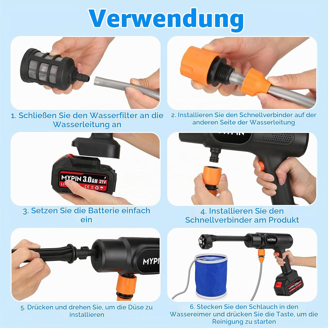 MYPIN Tragbarer kabelloser Hochdruckreiniger mit Zwei 21V Akku, 600 PSI Hochdruckreiniger, 6-in-1-Dü