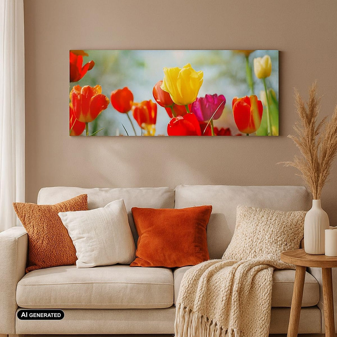 Wandbilder Dekoration Wohnzimmer Tulpe Blume Plantage Wiese Panorama Bilder auf Leinwand 120x50cm Le